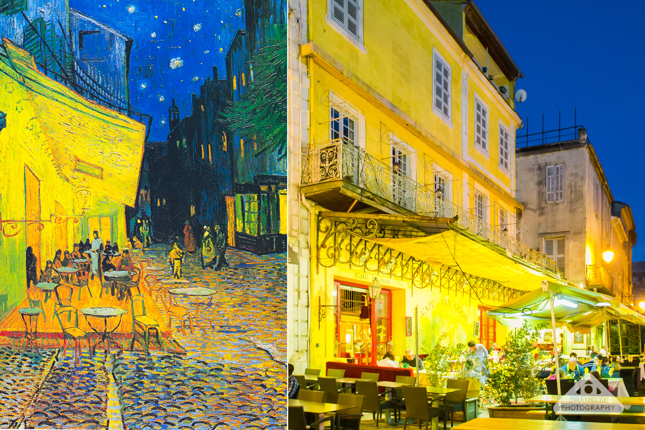 Vincent Van Gogh real life painting Cafe Terrace at night - Café Terrasse sur la place du Forum - Arles France - Chamelle photography