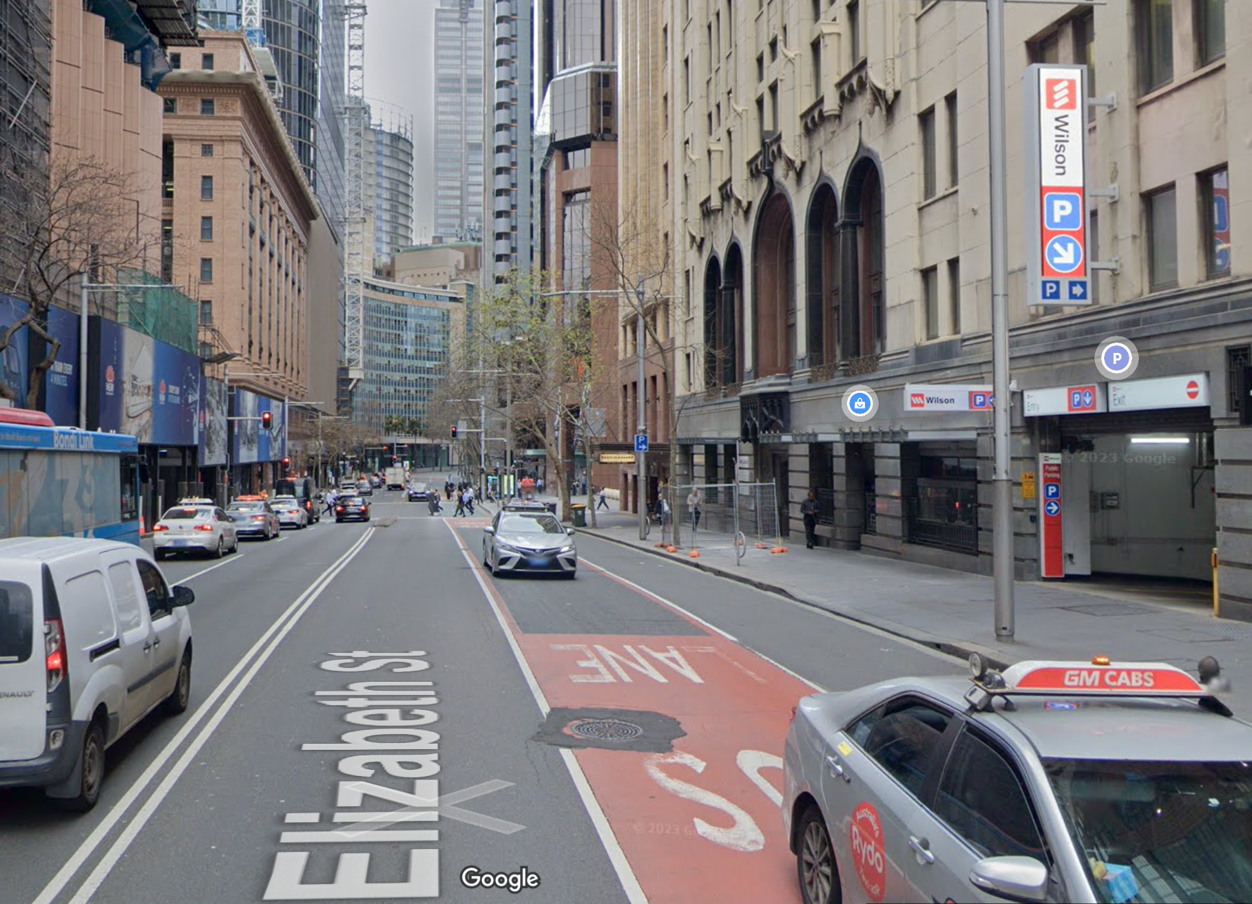 The Fall Guy filming locations in Sydney, Australia - Ryan Gosling Emily Blunt - Elizabeth Street with Chifley Square Chifley Plaza in background