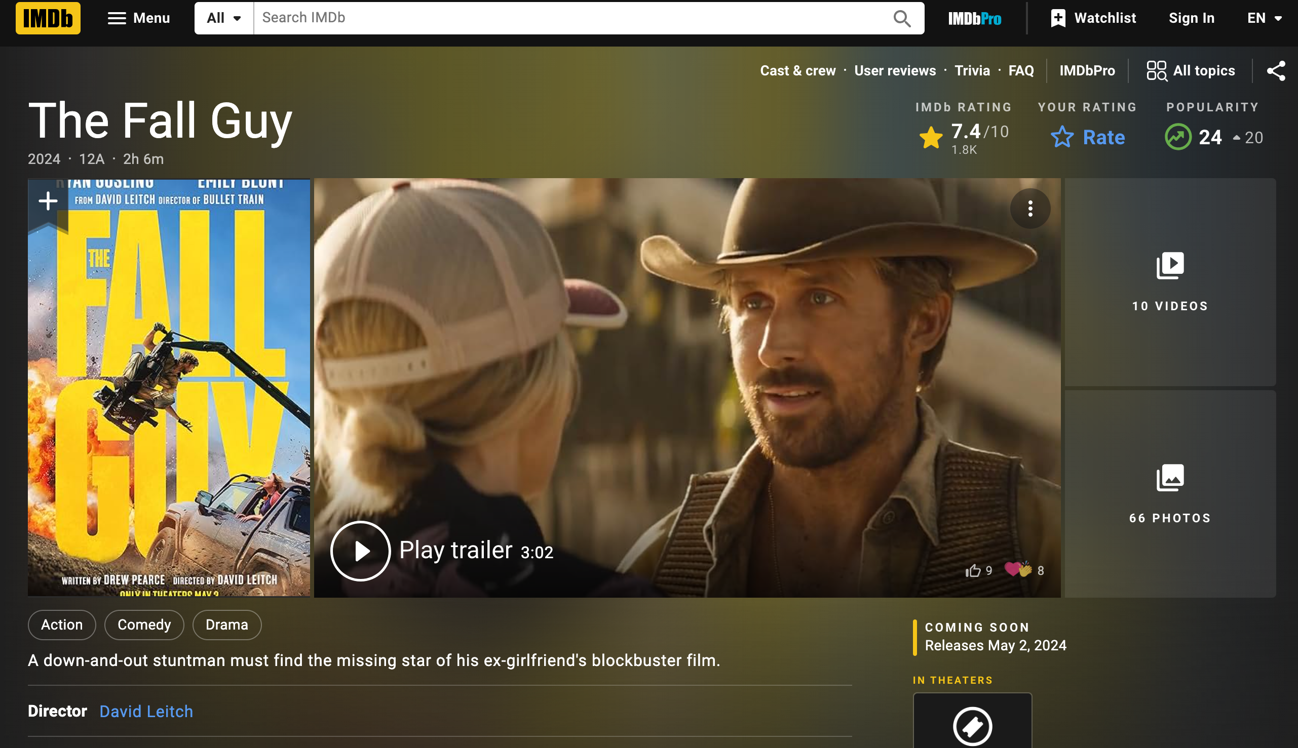 The Fall Guy IMDB film review David Leitch Ryan Gosling Emily Blunt - film locations - blog